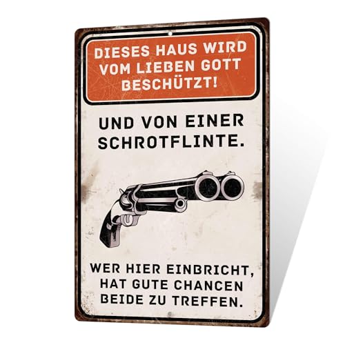 Putuo Decor Blechschild – Dieses Haus wird von Gott und Schrotflinte beschützt – Witziges Warnschild von Putuo Decor