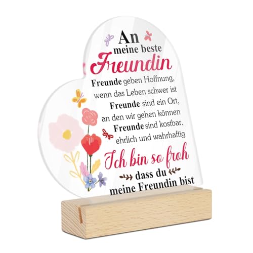 Putuo Decor Herzform Acryl Tischdeko Schild für Beste Freundin – Ich Bin so froh, DASS du Meine Freundin bist, Freundschaft Spruch Geschenk mit Blumenmotiv von Putuo Decor