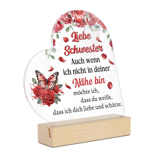 Putuo Decor Herzform Acryl Tischdeko Schild für Schwester – Auch wenn ich Nicht in deiner Nähe Bin, Geschenk mit Rosen und Schmetterling von Putuo Decor