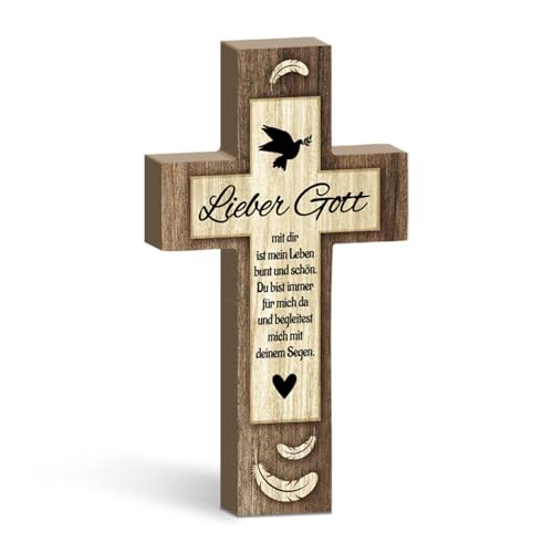 Putuo Decor Kreuz Holzdeko – mit Aufschrift „Lieber Gott...“ – warmes Design mit Friedenstaube, Herz und Federmotiv Putuo Decor Kreuz Holzdeko – mit Aufschrift „Lieber Gott...“ – warmes Design mit Friedenstaube, Herz und Federmotiv von Putuo Decor