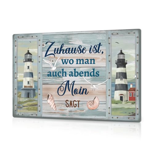 Putuo Decor Küstenschild Zuhause – Moin Spruch Metallschild – Maritime Wanddeko mit Leuchtturm von Putuo Decor