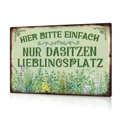 Putuo Decor Lieblingsplatz Metallschild – Hier Bitte einfach nur dasitzen – Entspannende Garten Wanddeko mit Kräutermotiv von Putuo Decor