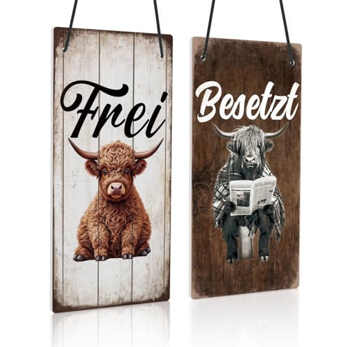 Putuo Decor PVC Türschild Frei/Besetzt – Lustiges doppelseitiges Motiv mit Hochlandrind für Gäste-WC oder Bauernhaus von Putuo Decor
