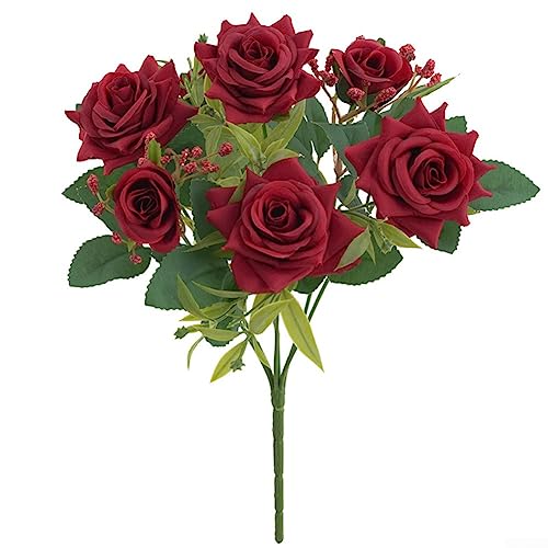 Puupaa Künstliche Rosensträuße, 7 Köpfe, künstliche Rosen, 30,5 cm, Seidenrosen, realistischer künstlicher Rosenstrauß für Hochzeit, Brautparty, Zuhause, Garten, Dekoration, Rot von Puupaa