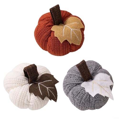 Puupaa 3 Stück künstliche Kürbisse Herbst Dekorationen Set, Halloween Thanksgiving Dekor, Orange Grau Weiß gestrickte Kürbisse für Zuhause Indoor Kaminsims Tisch Mittelstück (orange) von Puupaa