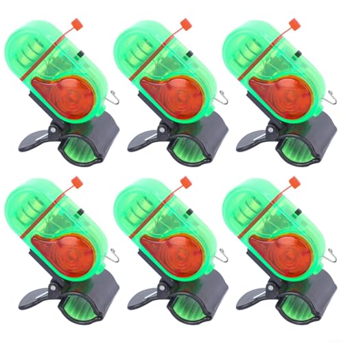 Puupaa 6 x elektrischer Angelalarm mit LED-Kontrollleuchte und 80 dB Ton, Metall für sicheren Sitz auf Ruten, gebaut für langfristige Nutzung (Kunststoff, grün) von Puupaa