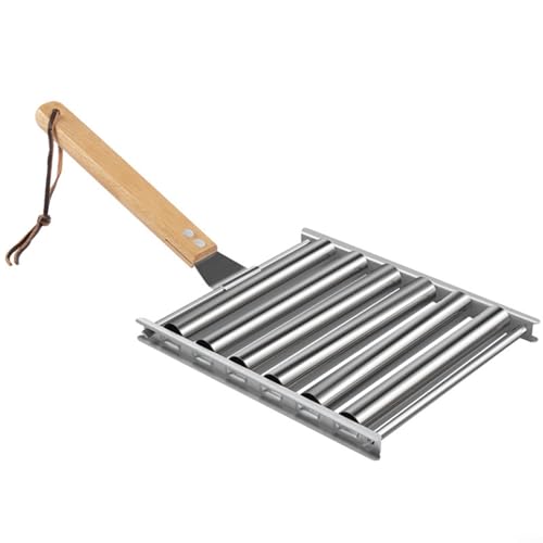 Puupaa Hot Dog Roller Edelstahl Wurstroller Rack mit Holzgriff, BBQ Hot Dog Griller 5 Hot Dog Kapazität für gleichmäßiges Kochen von Hot Dogs Würstchen (B) von Puupaa
