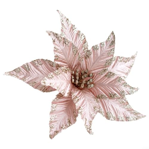 Weihnachtsblumen Künstlich, DIY Weihnachtsstern Blumen Dekoration für Weihnachtsbäume, 25 cm große künstliche Ornamente für Partydekorationen mit Clips und Stielen Glitzer Blumen (Rosa) von Puupaa