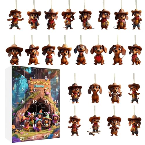 Weihnachts-Adventskalender 2025, 2D-Acryl-Hunde zum Aufhängen, 24 Tage Countdown-Kalender, Rückspiegel-Ornamente, Weihnachtsbaumschmuck, Dackel-Charm, Taschendekor von Puwaiio