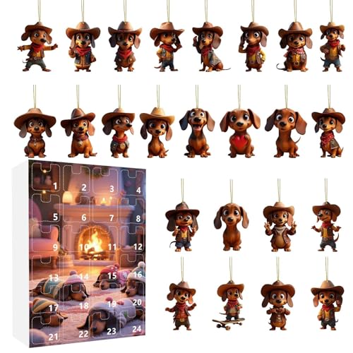 Weihnachts-Adventskalender 2025, 2D-Acryl-Hunde zum Aufhängen, 24 Tage Countdown-Kalender, Rückspiegel-Ornamente, Weihnachtsbaumschmuck, Dackel-Charm, Taschendekor von Puwaiio