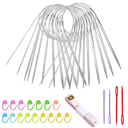 11 Verschiedene Größen Edelstahl Rundstricknadel, mit 10 Stichmarkierungen(Zufällige Farbe), 1 Maßband, 4 Nähnadeln, für Anfänger und Profis, Metall Stricknadeln Rundstricknadel Set 2.5mm-5mm, Silber von Pwsap
