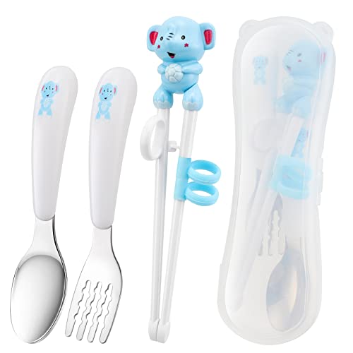 3Pcs Kinder Training Essstäbchen, Elefant Lernen Essstäbchen Mehrweg Lernen Stäbchen Chinesische Chopsticks Trainieren von Essstäbchen für Anfänger Kinder mit Löffel Tragbaren Box, Blau von Pwsap