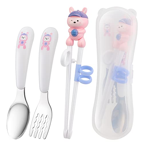 3Pcs Kinder Training Essstäbchen, Kaninchen Lernen Essstäbchen Mehrweg Lernen Stäbchen Chinesische Chopsticks Trainieren von Essstäbchen für Anfänger Kinder mit Löffel Tragbaren Box, Rosa von Pwsap