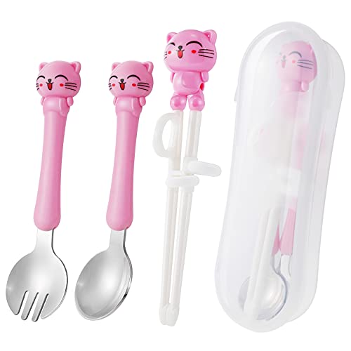 3Pcs Kinder Training Essstäbchen, Katze Lernen Essstäbchen Mehrweg Lernen Stäbchen Chinesische Chopsticks Trainieren von Essstäbchen für Anfänger Kinder mit Löffel Tragbaren Box,Schnallen-Design, Rosa von Pwsap