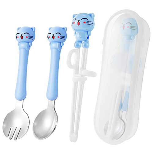 3Pcs Kinder Training Essstäbchen, Katze Lernen Essstäbchen Mehrweg Lernen Stäbchen Chinesische Chopsticks Trainieren von Essstäbchen für Anfänger Kinder mit Löffel Tragbaren Box,Schnallen-Design, Blau von Pwsap