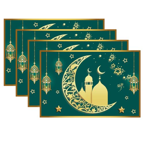 4 Stück Ramadan Kareem Tischsets Grün, Eid Mubarak Gold Mond Stern Moschee Tischmatte, Waschbare Esstisch Platzset aus Leinen für Muslimische Islamisch Iftar Partei Küchentisch Heimdekoration,12x18 von Pwsap