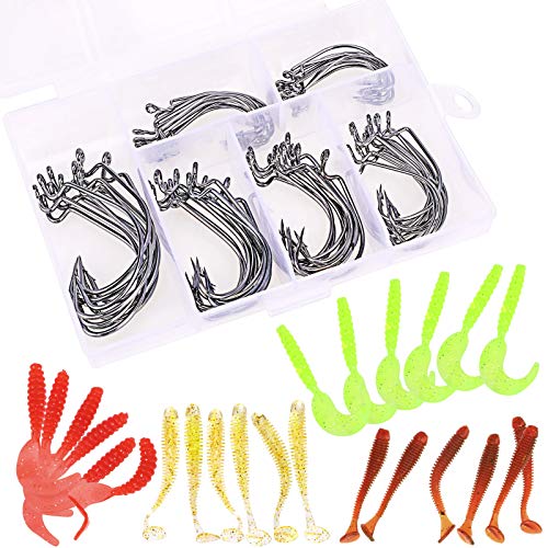 84Stück/Set Kohlenstoffstahl Offsethaken Wurm Angelhaken Set mit Kunststoff-Box, Offset Haken Fishing Hook für Angeln Gummiköder Gummifische Jigs Creature Köder, Salzwasser Angelhaken Angelzubehör Kit von Pwsap