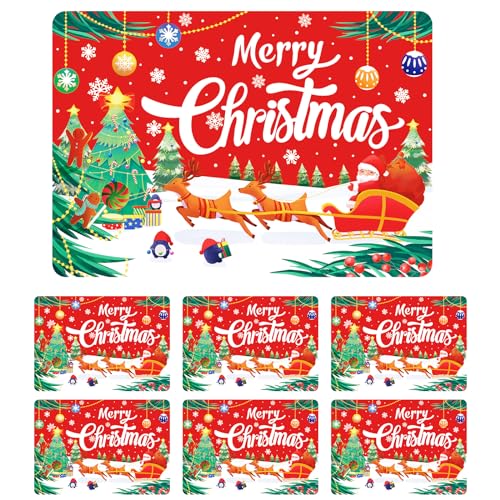 6 Stück Weihnachten PVC Tischsets, Santa Claus Rentier Lebkuchenmann Tischsets, Rote Rechteckige Weihnachts Tischsets, Hitzebeständige Tischsets für Esstisch Dekoration Weihnachtspartys, 40 * 28cm von Pwsap