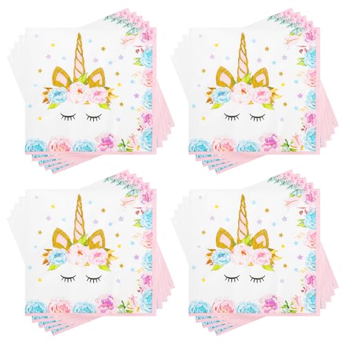 60 Stück Servietten Unicorn, Papierservietten Paper Napkins Einhorn Rosa, Wegwerfservietten Bedruckte Papiertaschentücher Partyzubehör für Mädchen Geburtstag und Babypartys Deko, 33 x 33cm von Pwsap