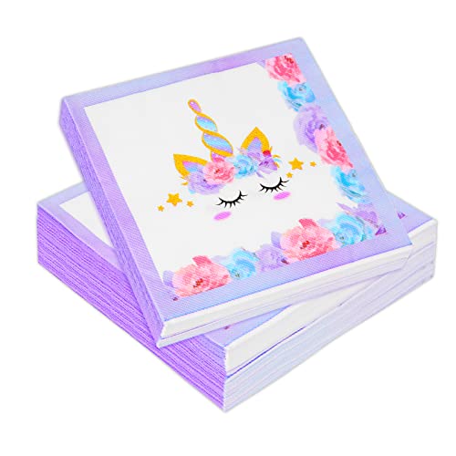 60 Stück Servietten Unicorn, Papierservietten Paper Napkins Einhorn Wegwerfservietten Bedruckte Papiertaschentücher Partyzubehör für Mädchen Geburtstag und Babypartys Deko, 33 x 33 cm, Lila von Pwsap