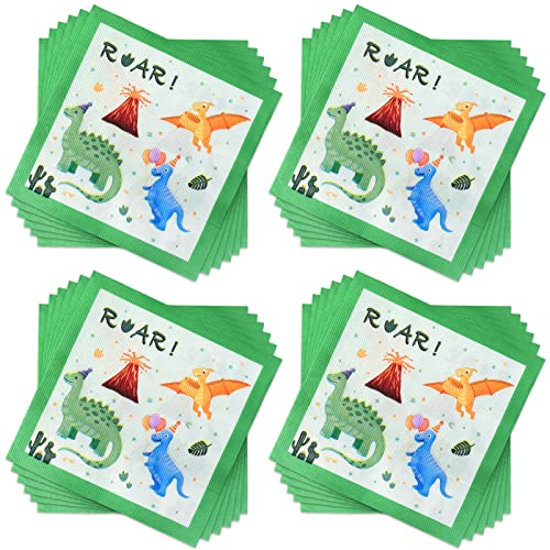 60 Stück Servietten mit Dinosauriermuster, Papierservietten Paper Napkins Wegwerfservietten Bedruckte Papiertaschentücher Partyzubehör für Junge Mädchen Geburtstag und Babypartys Deko, 33x33 cm, Grün von Pwsap