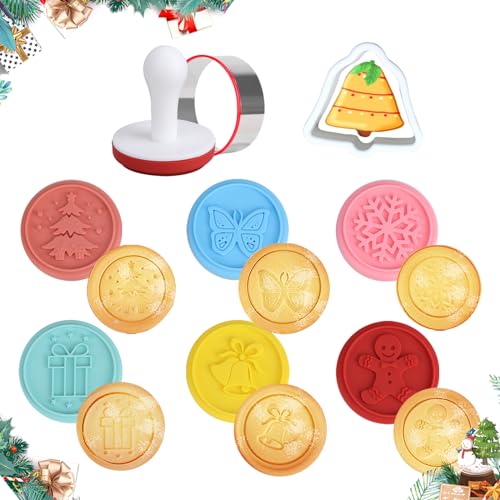 7 STÜCKE, Süße Keksstempel Weihnachten Set mit 6 Prägemotiven 1 Ausstechformen, Plätzchenstempel Ausstechform, Hausgemachte Stempel zum Selberbacken, Plätzchen Prägeform für Weihnachtsfeier, BPA-frei von Pwsap