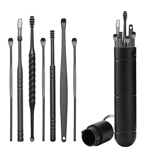 7Stück Ohrenschmalz Entferner Kit, Ohrenreiniger Werkzeug Ohrlöffel aus Edelstahl Ear Cleaner Ear Wax Remover Reinigung Set Ohrpflege für Kinder und Erwachsene mit Aufbewahrungskiste, Schwarz von Pwsap