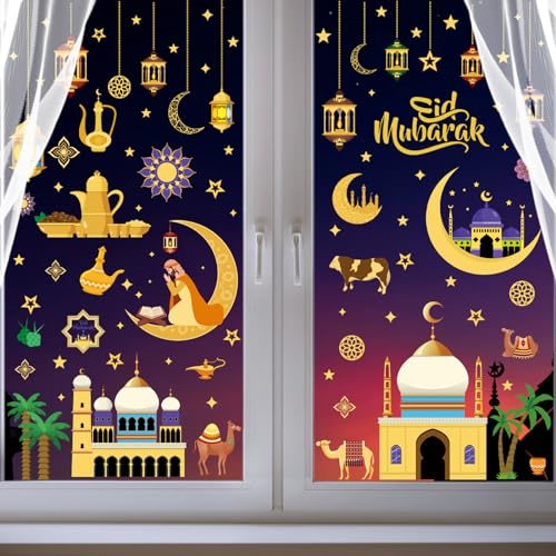 9 Blatt Fensterbilder Selbstklebend zum Ramadan Kareem, Gold Halbmond Stern Moschee Fensteraufkleber, Eid Mubarak Fensterdeko für Islamischer Muslim Al-Fitr Ramadan Partys Heim Hochzeit Glasfenste von Pwsap