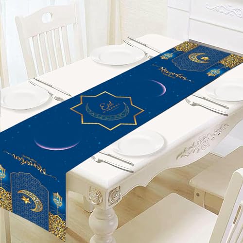 Blue Eid Ramadan Mubarak Tischläufer, Gold Stern Mond Laterne Tischdecke, Ramadan Kareem Leinen Deko Tischläufer, Muslimische Islamische Saisonnal Feiertags Küchen Zuhause Tisch Dekoration, 14" x 72" von Pwsap