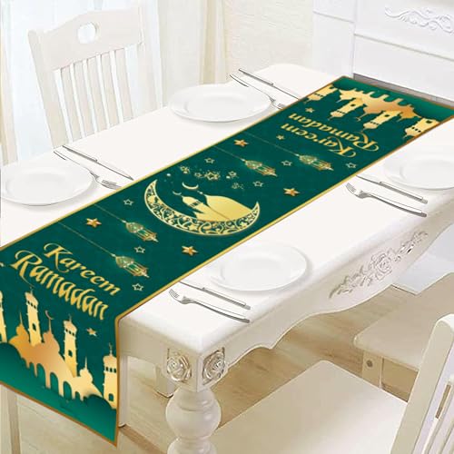 Grün Eid Ramadan Mubarak Tischläufer, Gold Stern Mond Moschee Tischdecke, Ramadan Kareem Leinen Deko Tischläufer, Muslimische Islamische Saisonnal Feiertags Küchen Tisch Zuhause Dekoration, 14" x 72" von Pwsap