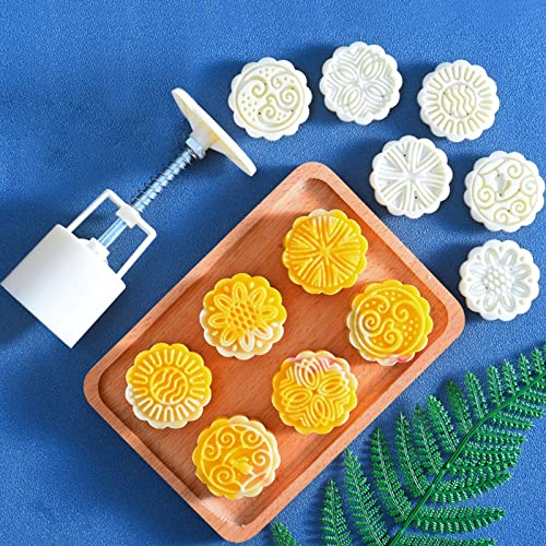 Mooncake Mould Press 50g mit 6 Briefmarken, Glückverheißendes Muster Mondkuchenform Presse Keksstempeln Kuchenpresse Runde Blumen Dekoration Werkzeuge für Backen DIY Cookie,Kuchen,Dessert,Weiß von Pwsap