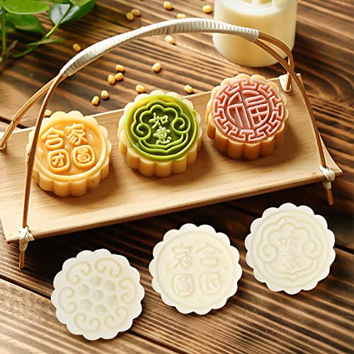 Mooncake Mould Press 50g mit 6 Briefmarken, Glückverheißendes Muster Mondkuchenform Presse Keksstempeln Kuchenpresse Runde Blumen Dekoration Werkzeuge für Backen DIY Cookie,Kuchen,Keksen, Dessert,Weiß von Pwsap