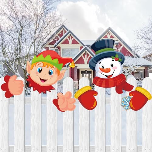 Pwsap 2 Stück Zaun Dekoration Weihnachtszaun Garten Hof Kunst Zeichen Pfähle,Hof Dekorationen Schneemann Elf Spähen Zeichen Rasen im Freien Zaundekoration für Die Gartendekoration Innenhofdekoration von Pwsap