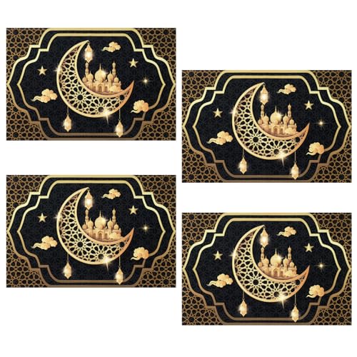 Ramadan Kareem Tischsets 4er Set, Schwarz Goldene Eid Mubarak Mond Stern Moschee Tischmatte, Leinen Esstisch Platzset für Muslimische Islamisch Iftar Partei Küchentisch Heimdekoration, 12x 18 von Pwsap