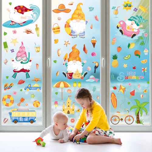 Sommer Fensteraufkleber, 9 Bögen Große Gnom Strand Obst Fensterbilder, Selbstklebend Aufkleber Doppelseitig Bedruckte Fenstersticker für Sommer Fensterdeko Kinderzimmer Geschäft Schule Party von Pwsap