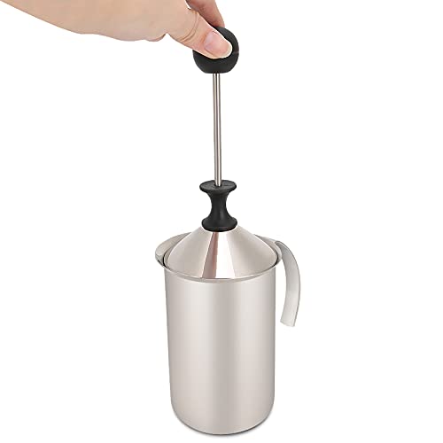 Pwshymi Manuelles Milchfrother, 400 Ml Edelstahl Dicker Doppelt Geschichtter Handpumpenmilchmilch -Schaum mit Feder für die Küchenanwendung von Pwshymi