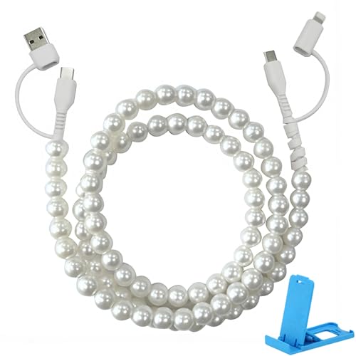 Beaded Charging Cord 4 in 1, Cute Colorful 4 in 1 Beaded Charging Cable, 3.3ft Fast Beaded Charger Cord for All Device USB C & Type C (White) von Pwzoax