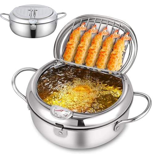 Pwzoax Japanese Deep Fryer Pot, Stainless Steel Frying Pot with Thermometer and Oil Drip Drainer Rack, Japanese Deep Fryer with Temperature Gauge (9.36 inch(24 cm)) von Pwzoax