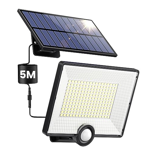 Pxwaxpy 204 LED Solarlampen für Außen, Solarleuchte mit Bewegungsmelder, 3 Modi Solar Strahler Solar Aussenleuchte 120°Beleuchtungswinkel, Solar Wandleuchte für Garten mit 5m Kabel-1 Stück von Pxwaxpy