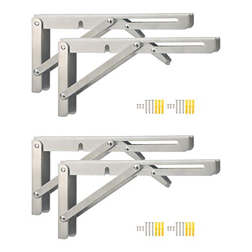 Heavy Duty Stainless Steel Wall Shelf Support Bracket, 10 inches Silver Triangle Folding Shelf Bracket for Space-Saving DIY Workbench with Install Screws, Pack of 4 von Pxyelec