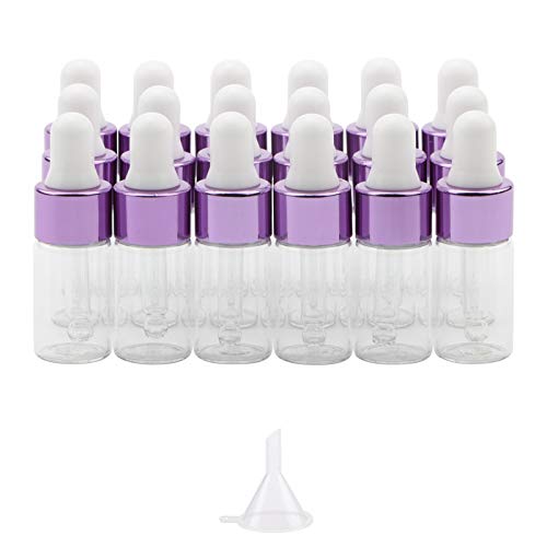 Pxyelec 3 ml Augentropfflaschen mit Trichter, 18 Stück transparente Mini-Glas-Tropfflaschen, ätherische Ölflaschen, Parfümprobefläschchen, nachfüllbar, flüssige Kosmetikbehälter, violetter Kappe von Pxyelec