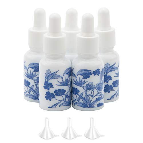 Pxyelec 5 x 15 ml Tropffläschchen aus Keramik, leere Tropfflaschen, Behälter für ätherische Öle, Kosmetikflüssigkeit, Tropfflaschen mit 3 Trichtern von Pxyelec