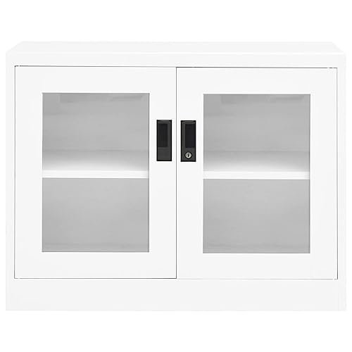 Pxznbe Aktenschrank weiß Stahl 90 x 40 x 70 cm typisches Design Büroschrank Verstellbares und abschließbares Regal Mehrzweckschrank Exklusive Türen aus gehärtetem Glas von Pxznbe