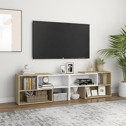 Pxznbe TV-Schrank für Wohnzimmer, 149 x 30 x 52 cm, Weiß und Sonoma-Eiche, Spanplatte, HiFi-Schrank, bietet viel Platz für Zeitschriften, Pflanzen, Bilderrahmen, eleganter Tisch, TV-Tisch, Dekoration von Pxznbe