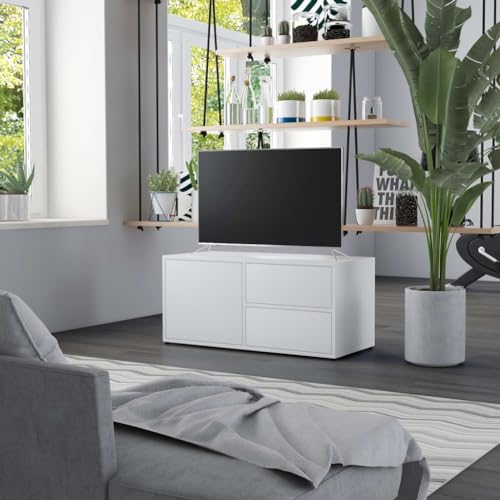 Pxznbe TV-Schrank für Wohnzimmer, 80 x 34 x 36 cm, weiß, Holz, mehrschichtig, TV-Tisch, mit 2 Schubladen und 1 Fach mit Tür, modisches und praktisches Design, TV-Ständer, Innendekoration von Pxznbe