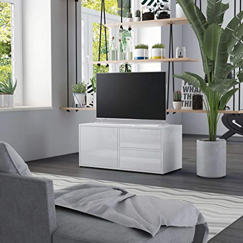 Pxznbe TV-Schrank für Wohnzimmer, 80 x 34 x 36 cm, weiß, glänzend, Spanplatte, TV-Tisch mit 2 Schubladen und 1 Fach mit Tür, modisches und praktisches Design, TV-Ständer, Innendekoration von Pxznbe