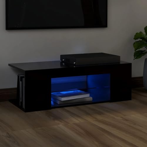Pxznbe TV-Schrank für Wohnzimmer, Schwarz, Holz, mehrschichtig, 90 x 39 x 30 cm, robuste Struktur, TV-Tisch mit RGB-LED-Lichtern, moderner Stil, HiFi-Schrank, großer Stauraum, trendiges Design von Pxznbe