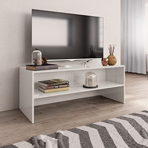 Pxznbe TV-Schrank für Wohnzimmer, Spanplatte, weiß, glänzend, 100 x 40 x 40 cm, klassischer Stil, TV-Tisch, mit 1 Ablagefach für Mediengeräte, Spielekonsole, Innenausstattung von Pxznbe