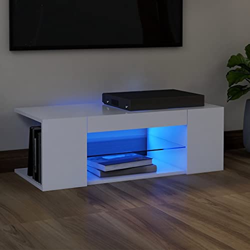 Pxznbe TV-Schrank für Wohnzimmer, Weiß, Holz, mehrschichtig, 90 x 39 x 30 cm, robuste Struktur, TV-Tisch mit RGB-LED-Lichtern, moderner Stil, HiFi-Schrank, großer Stauraum, trendiges Design von Pxznbe