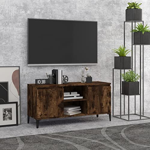 Pxznbe TV-Tisch, Rauch-Eiche, 103,5 x 35 x 50 cm, Spanplatte, TV-Ständer mit 2 Ablagen und 2 Fächern, Industrie-Stil, TV-Ständer für Wohnzimmer mit vier Metallbeinen von Pxznbe